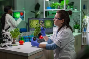 biologist-scientific-doctor-examining-green-sapling-while-typing-keyboard-ecology-expertise